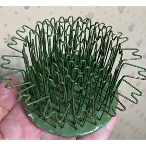 Vintage Blue Ribbon Flower Frog Flower Holder # 5 Hairpin Green Metal